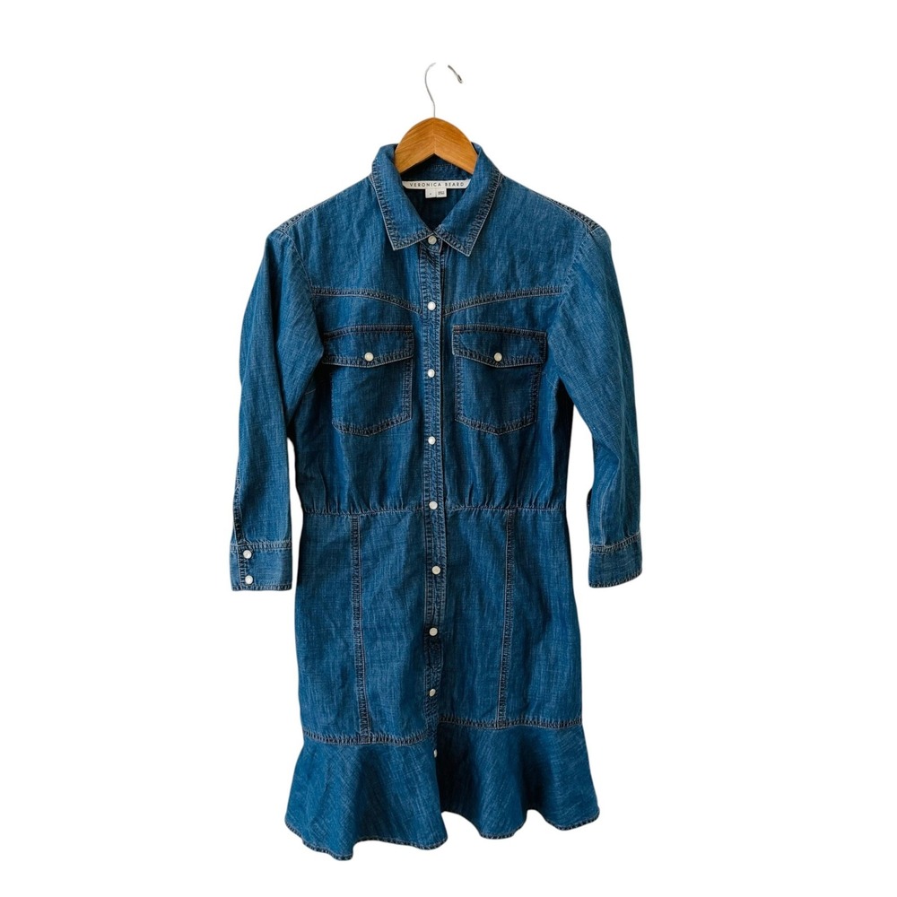 Veronica Beard Mura Denim Button Front Shirt Dress 4 Blue Snap Front Ruffle Hem